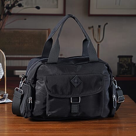 Multi-Pocket Handbag with Crossbody Strap (120 cm) - Black