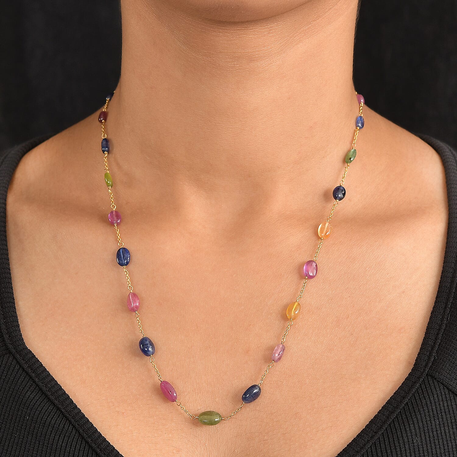 Limited Edition - Rainbow Sapphire Necklace (Size - 20) in 18K Vermeil Yellow Gold Plating Sterling Silver 40.00 Ct.