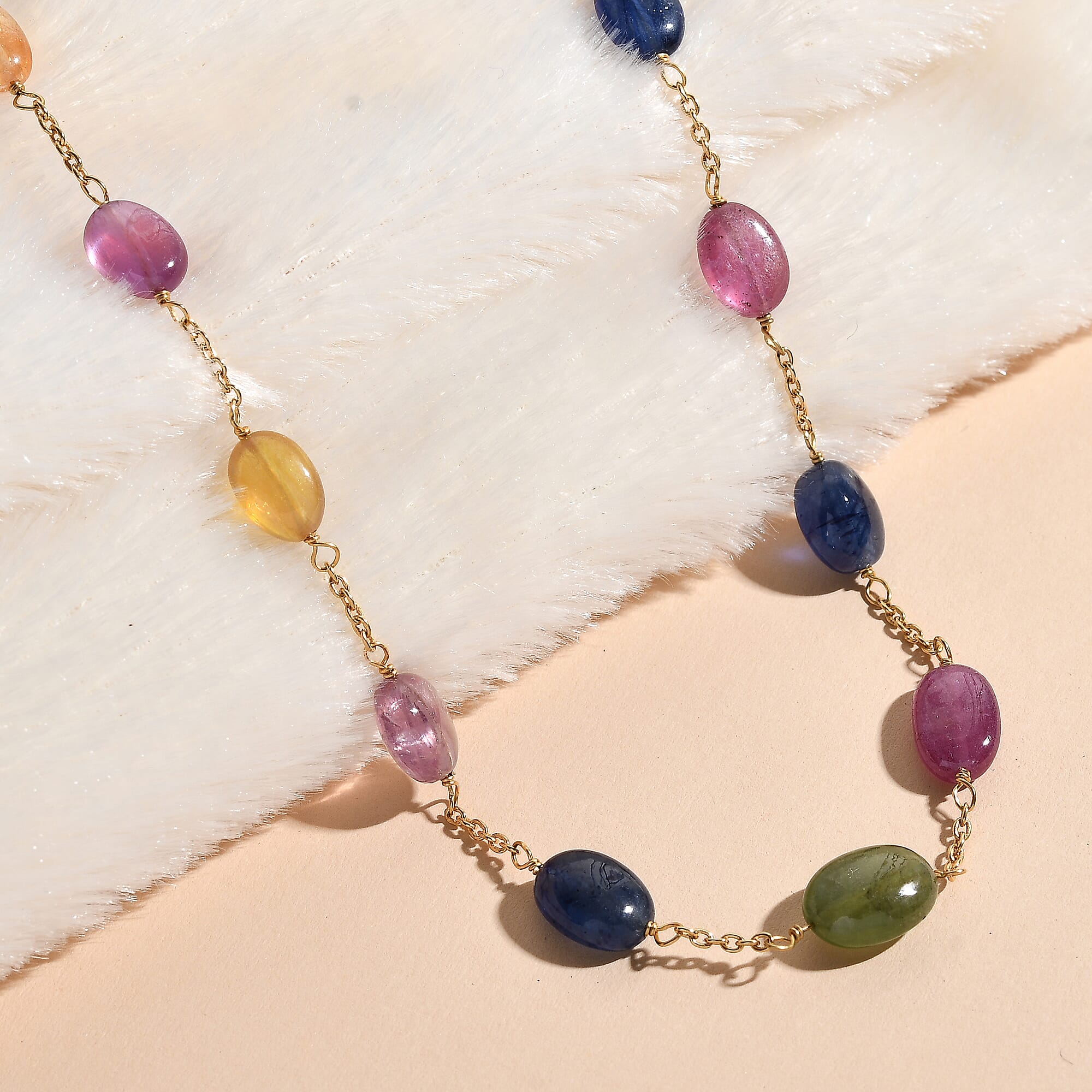 Limited Edition - Rainbow Sapphire Necklace (Size - 20) in 18K Vermeil Yellow Gold Plating Sterling Silver 40.00 Ct.