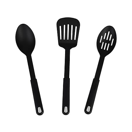 3-Piece Cookware Utensil Set- Inc. Slotted Spoon, Solid Spoon, - Spatula - Black