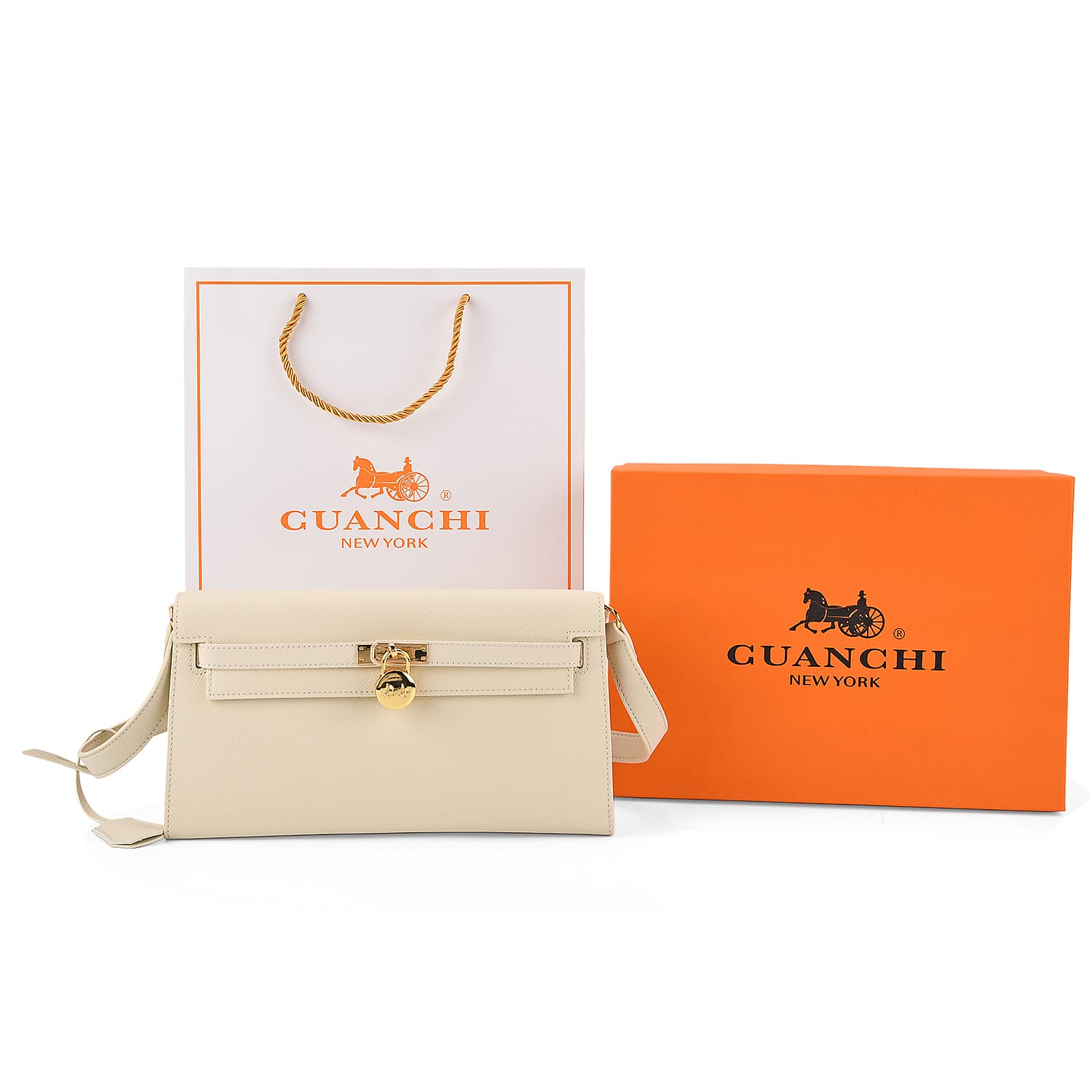 Guanchi Stylish Crossbody Genuine Leather Bag with Shoulder Strap - Cream