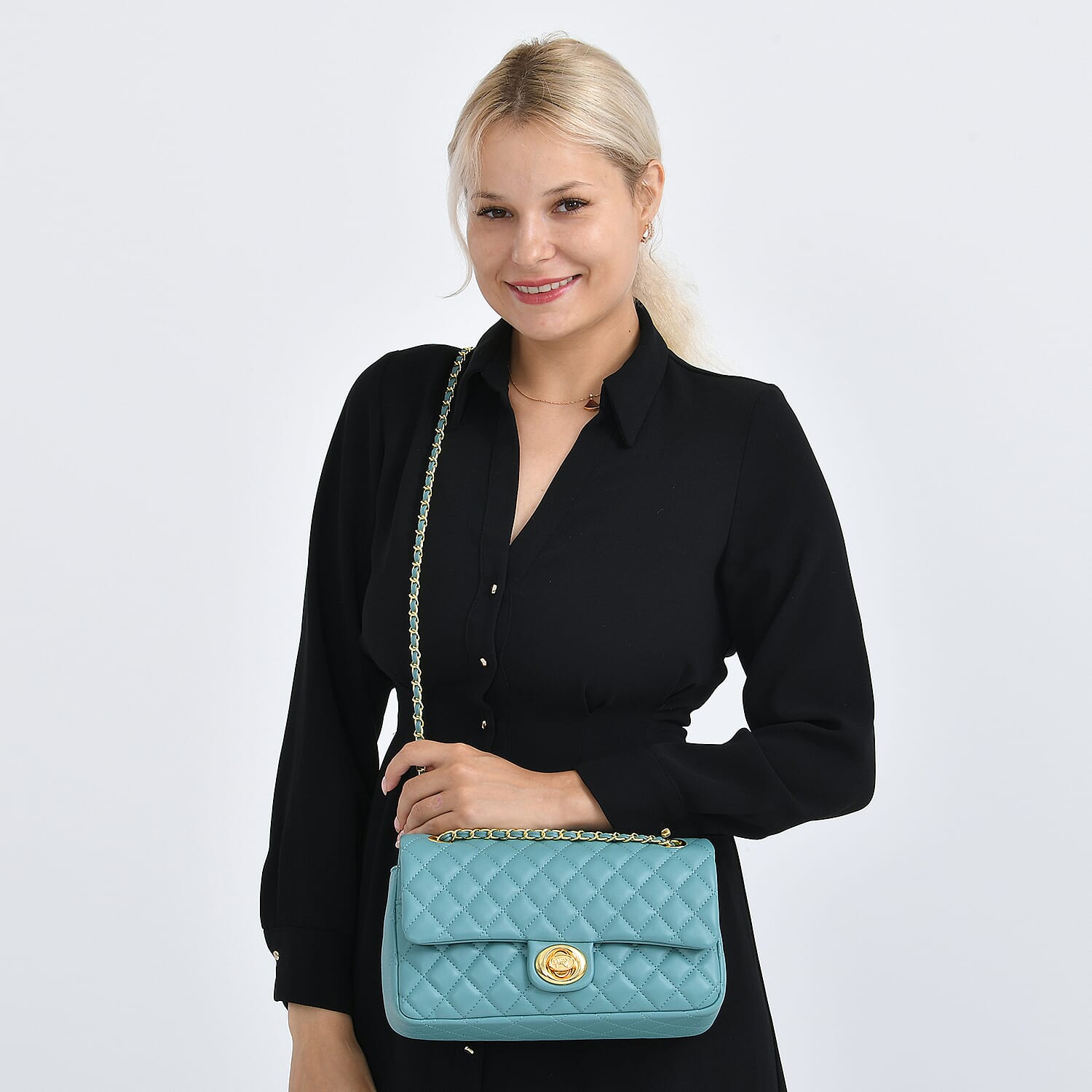 Guanchi Stylish Genuine Leather Crossbody Bag with Shoulder Chain Strap - Teal