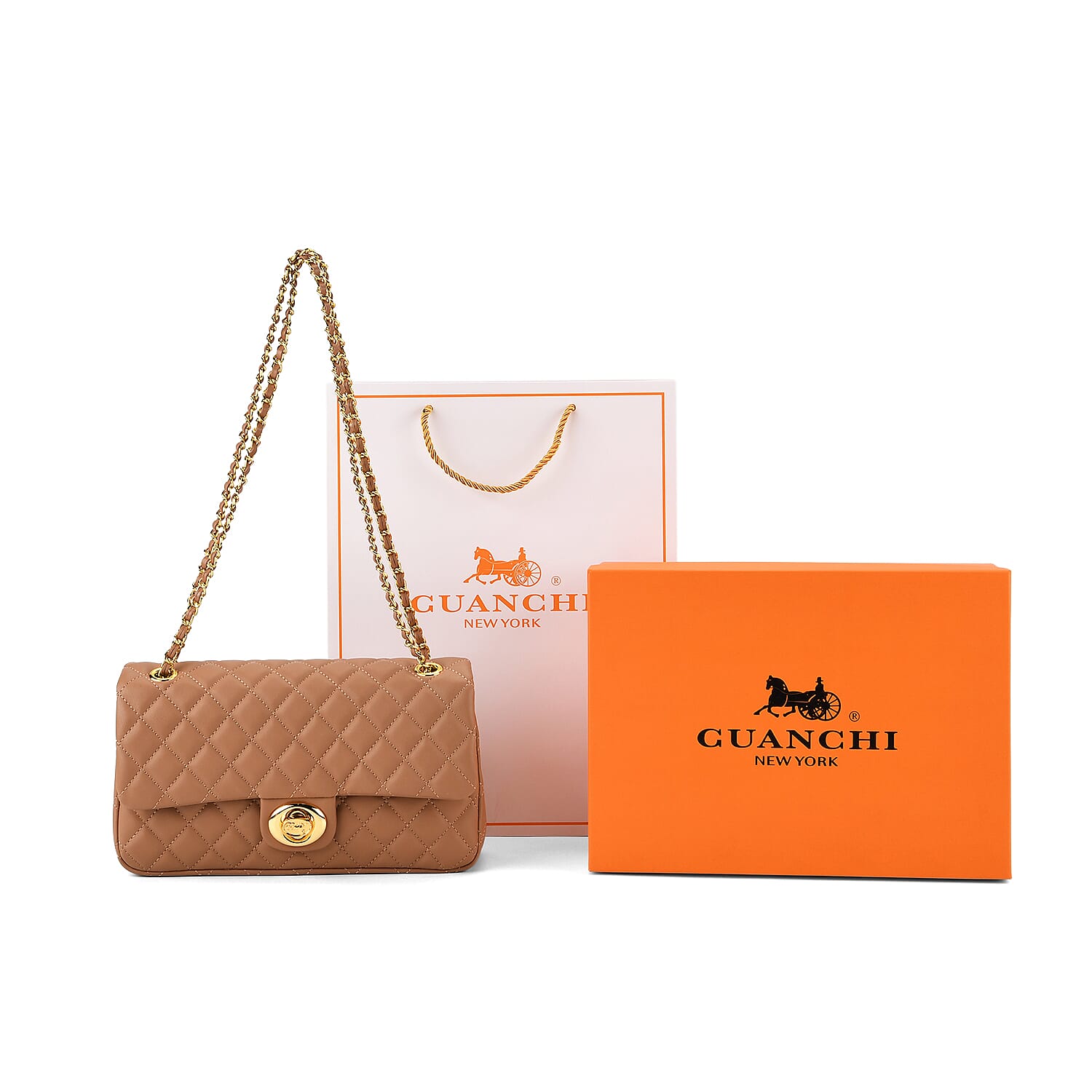 Guanchi Stylish Genuine Leather Crossbody Bag with Shoulder Chain Strap - Cappuccino