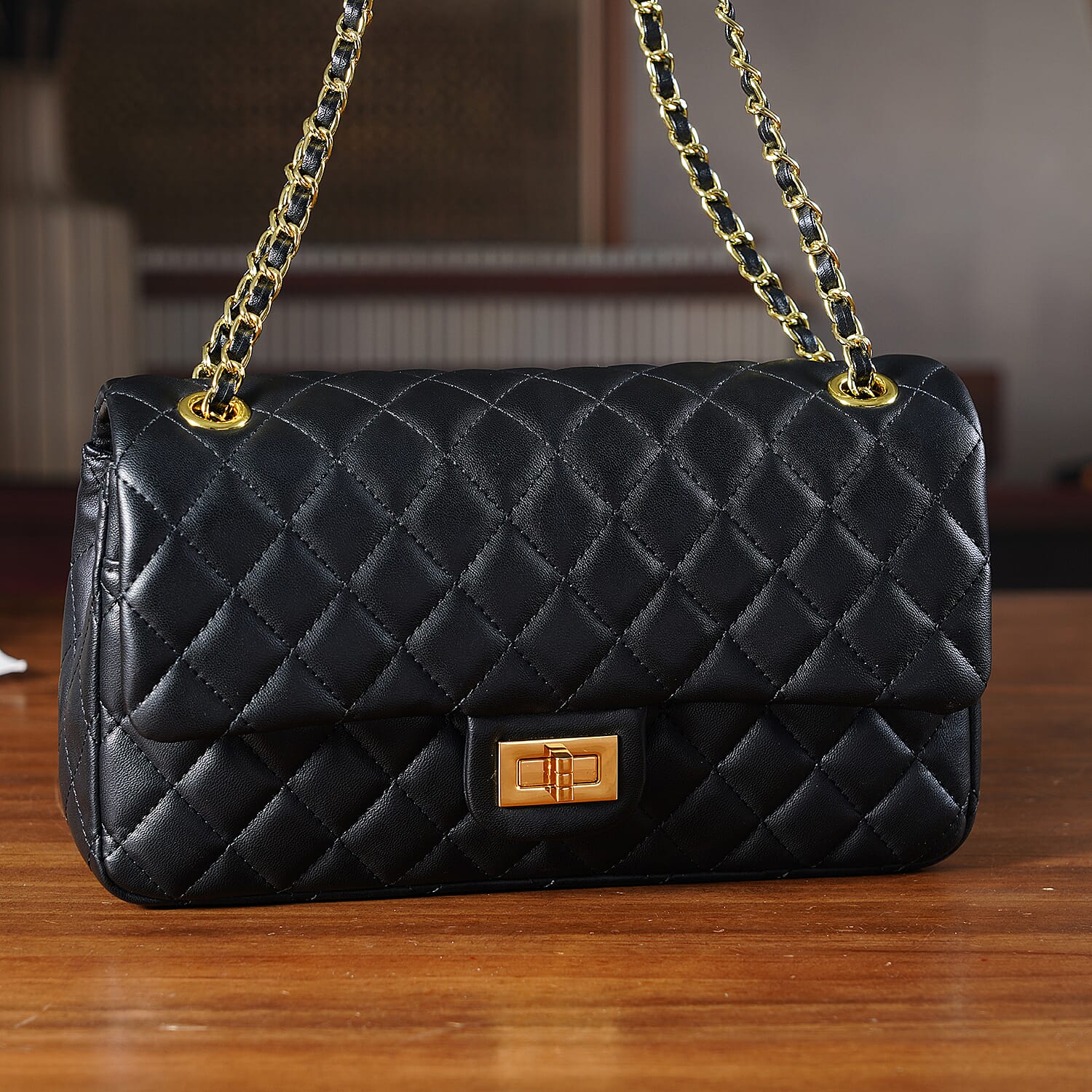 Guanchi Stylish Genuine Leather Crossbody Bag with Shoulder Chain Strap - Black