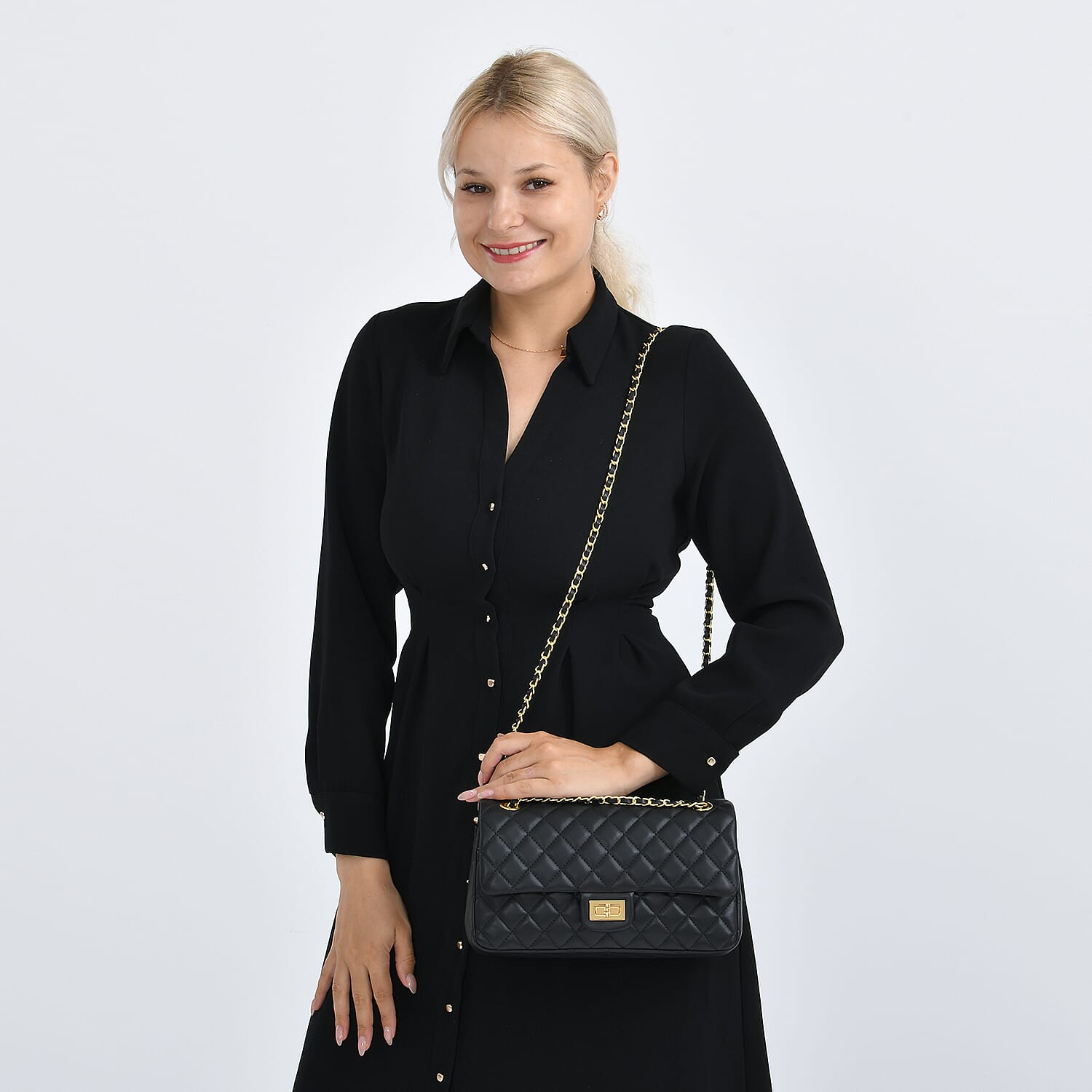 Guanchi Stylish Genuine Leather Crossbody Bag with Shoulder Chain Strap - Black