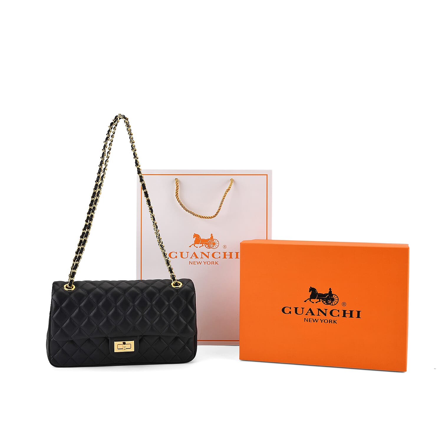 Guanchi Stylish Genuine Leather Crossbody Bag with Shoulder Chain Strap - Black