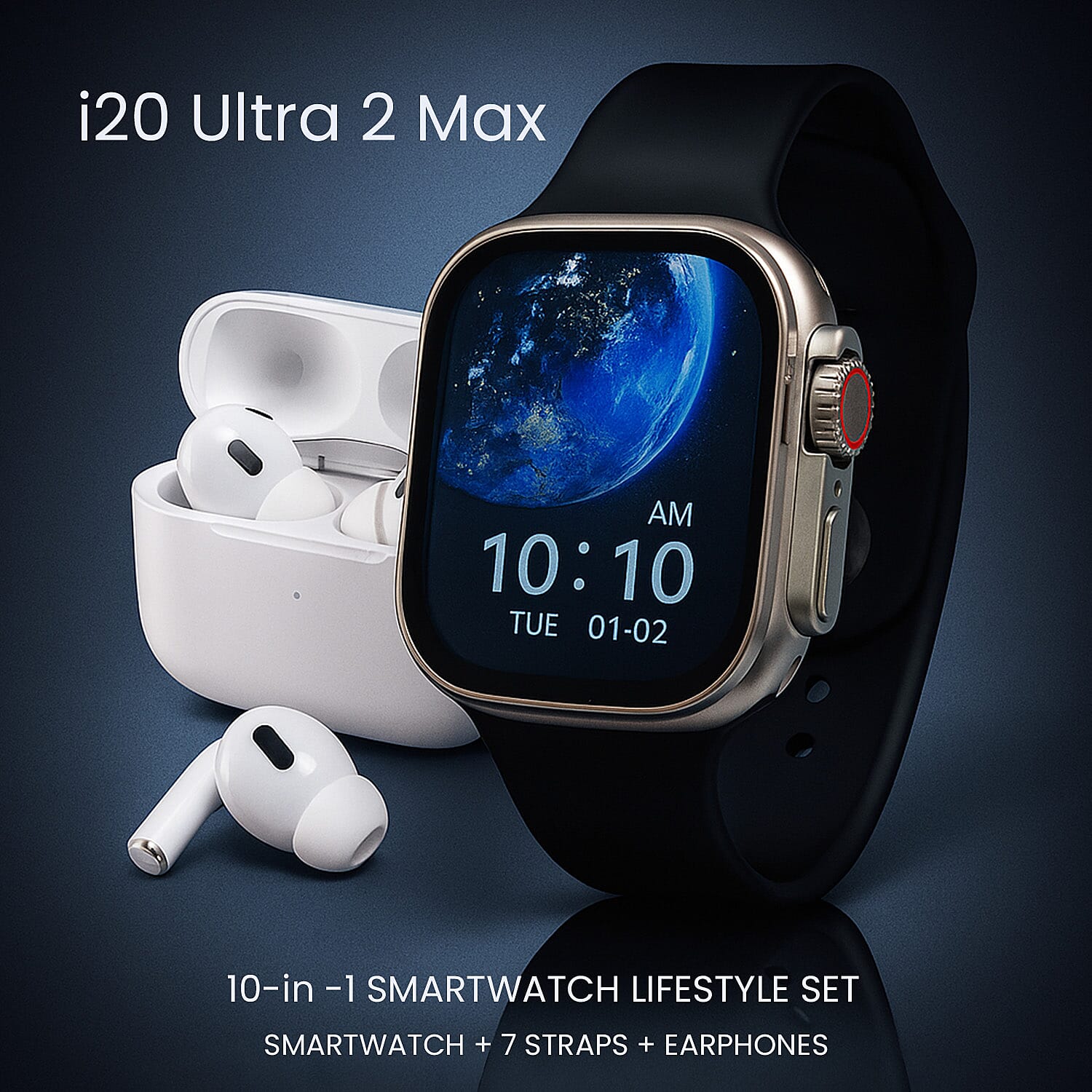 i20 Ultra 2 Max 10-in-1 Smartwatch Set with Earphones & 7 Straps - Black