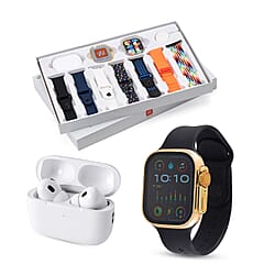 i20 Ultra 2 Max 10-in-1 Smartwatch Set with Earphones & 7 Straps - Black