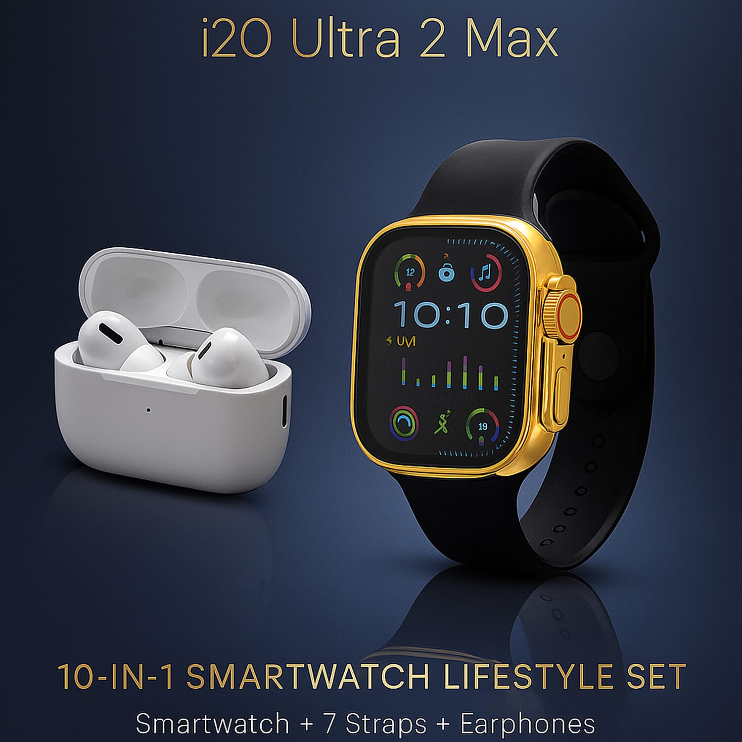 i20 Ultra 2 Max 10-in-1 Smartwatch Set with Earphones & 7 Straps - Black