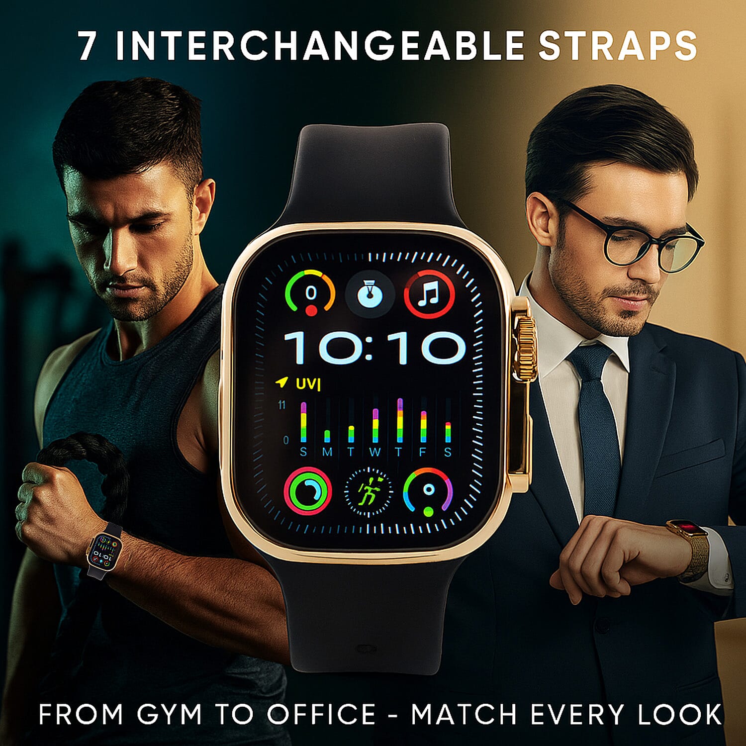 i20 Ultra 2 Max 10-in-1 Smartwatch Set with Earphones & 7 Straps - Black