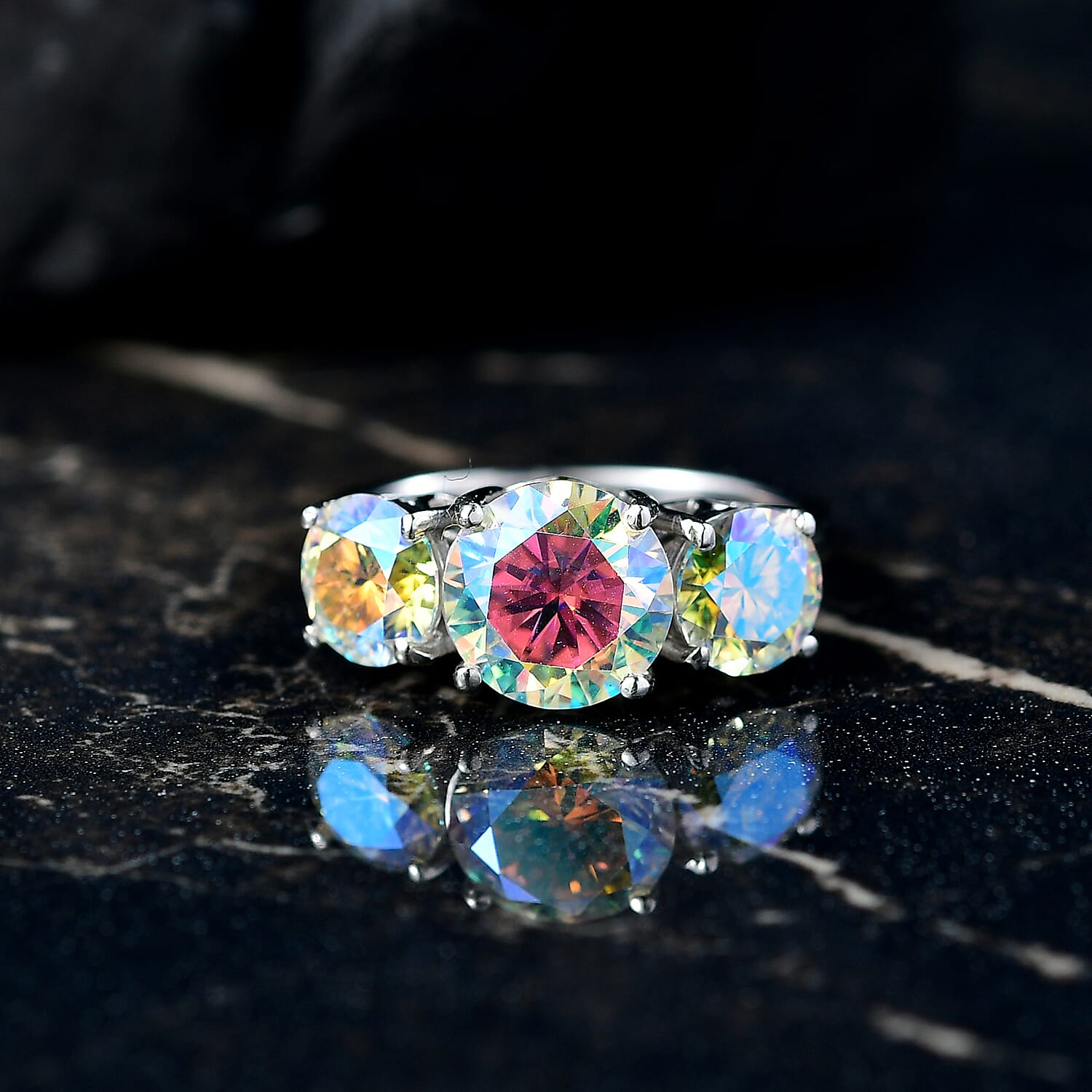 D'Joy Dichroic Luminous Moissanite Main Stone With Side Stone Ring in Rhodium OverlaySterling Silver  3.259  Ct.
