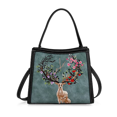 Floral Deer Embroidered Sling Handbag - Blue