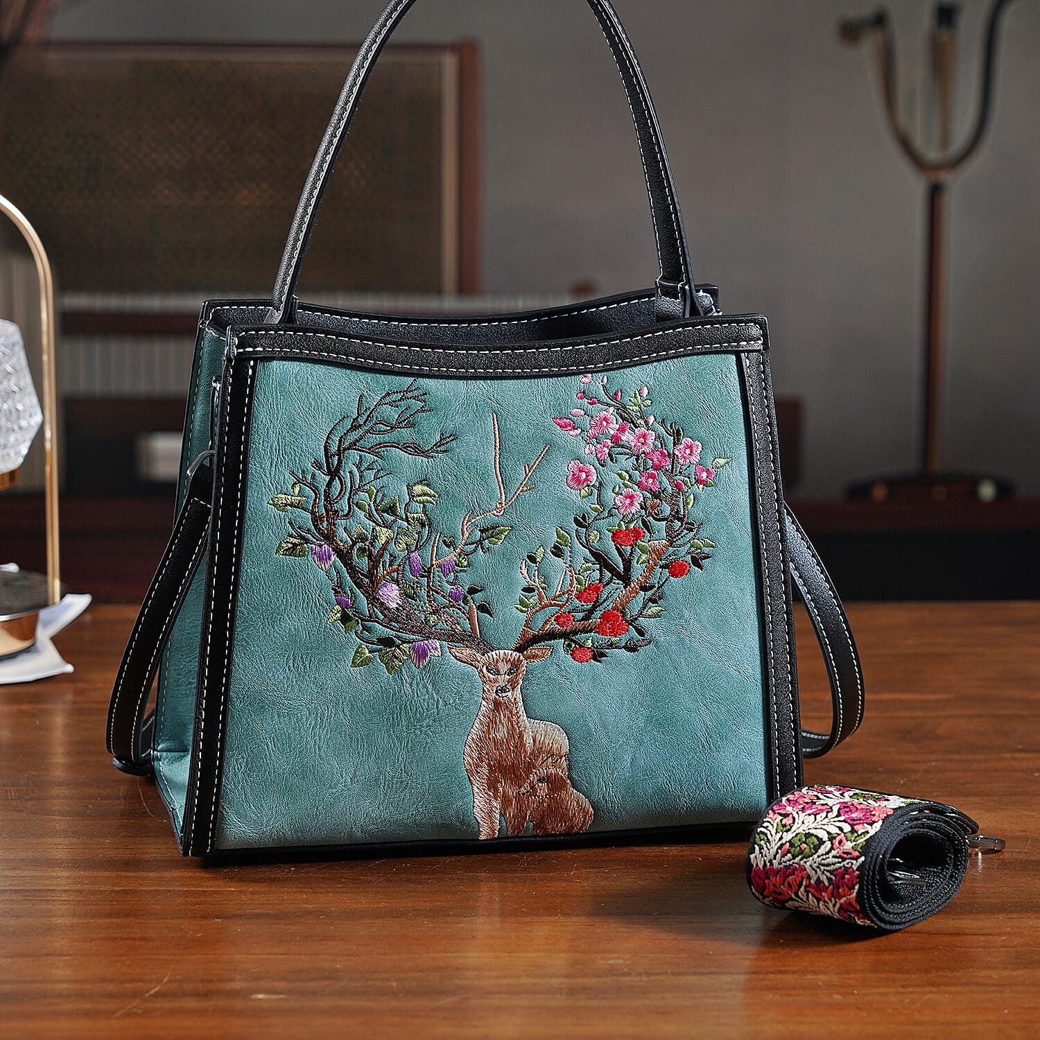Floral Deer Embroidered Sling Handbag - Blue