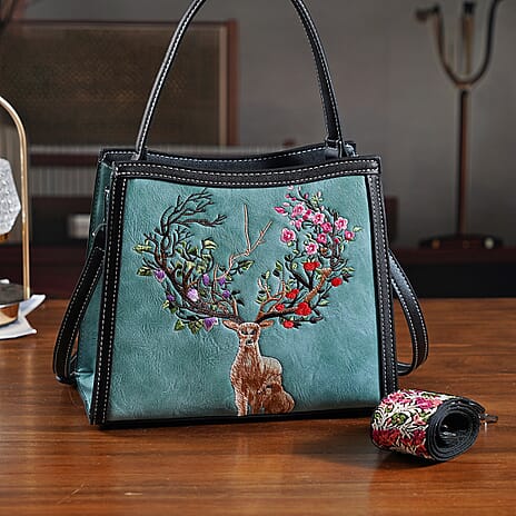 Floral Deer Embroidered Sling Handbag - Blue