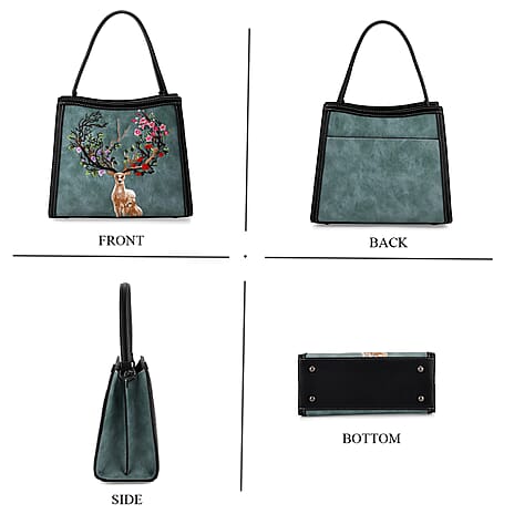 Floral Deer Embroidered Sling Handbag - Blue
