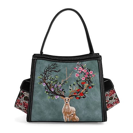 Floral Deer Embroidered Sling Handbag - Blue