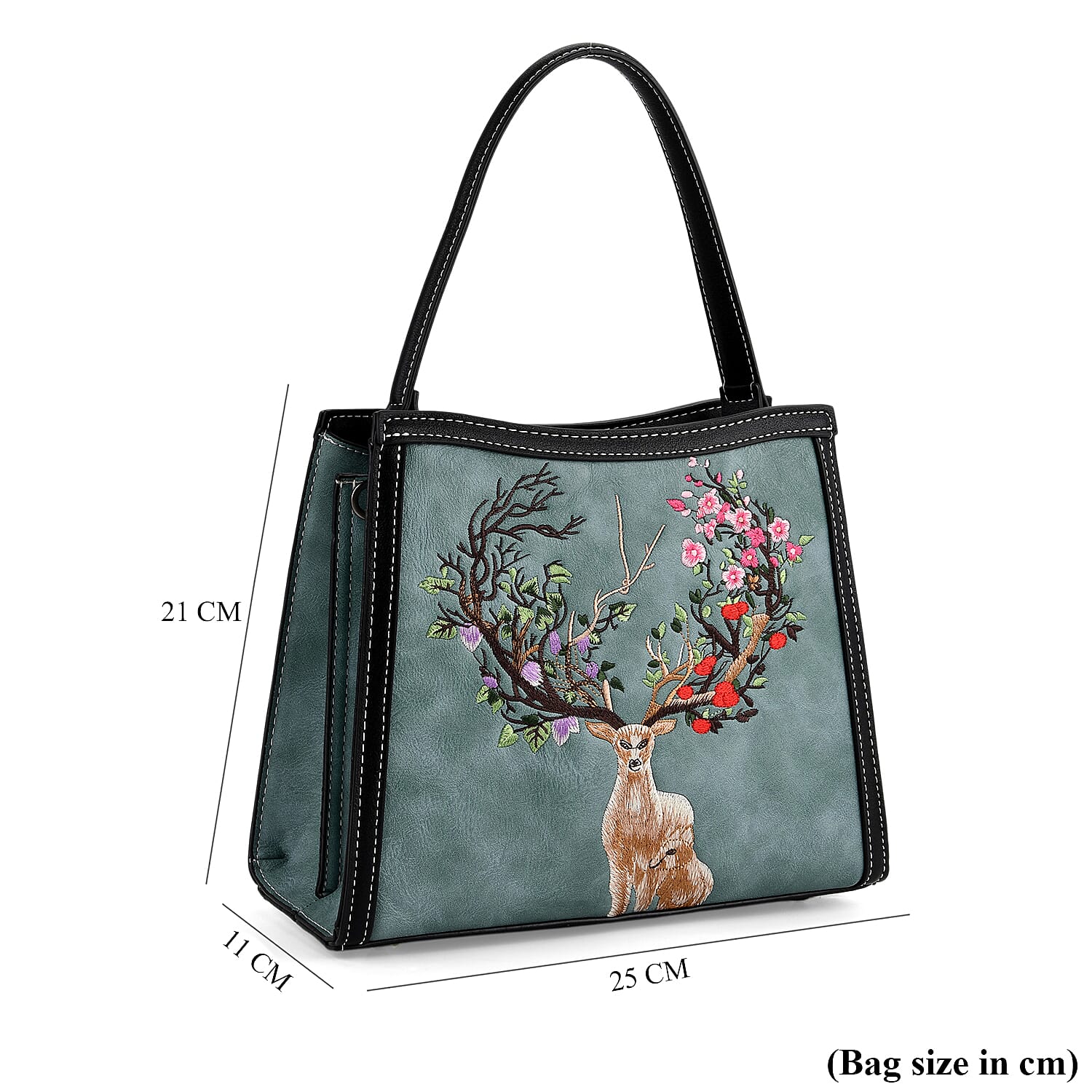 Floral Deer Embroidered Sling Handbag - Blue