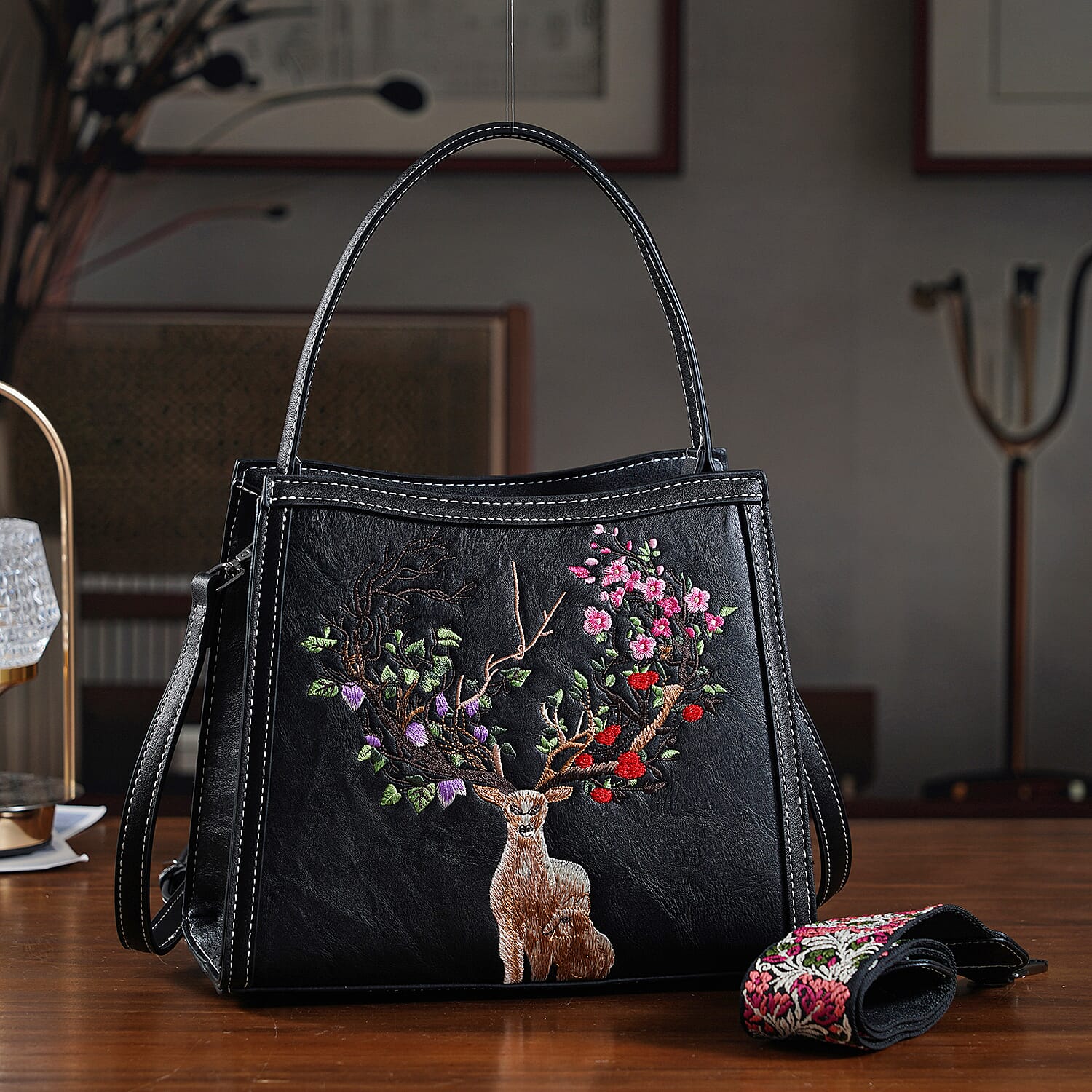 Floral Deer Embroidered Sling Handbag - Black