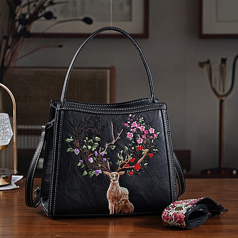 Floral Deer Embroidered Sling Handbag - Black