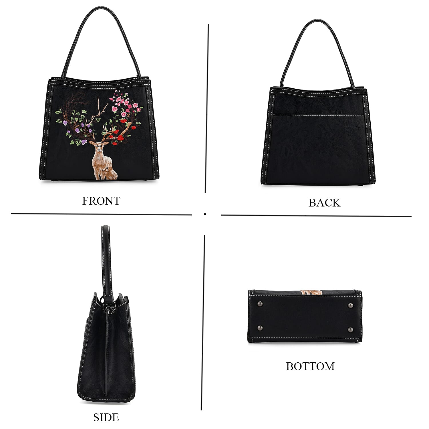Floral Deer Embroidered Sling Handbag - Black