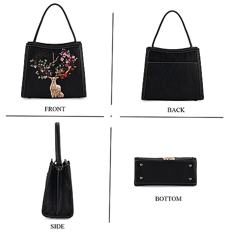 Floral Deer Embroidered Sling Handbag - Black