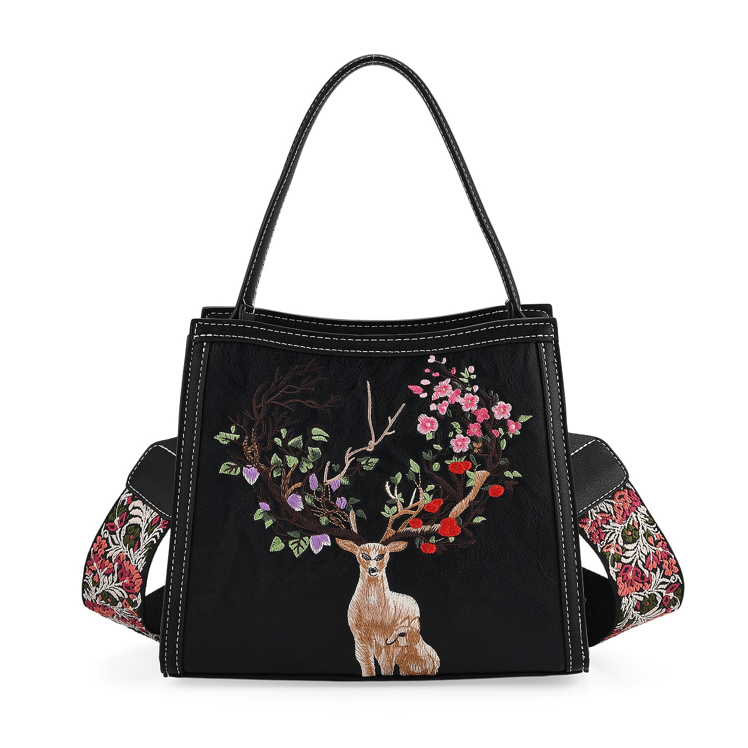 Floral Deer Embroidered Sling Handbag - Black
