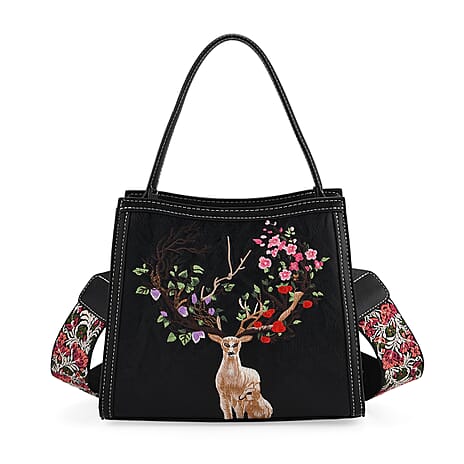 Floral Deer Embroidered Sling Handbag - Black