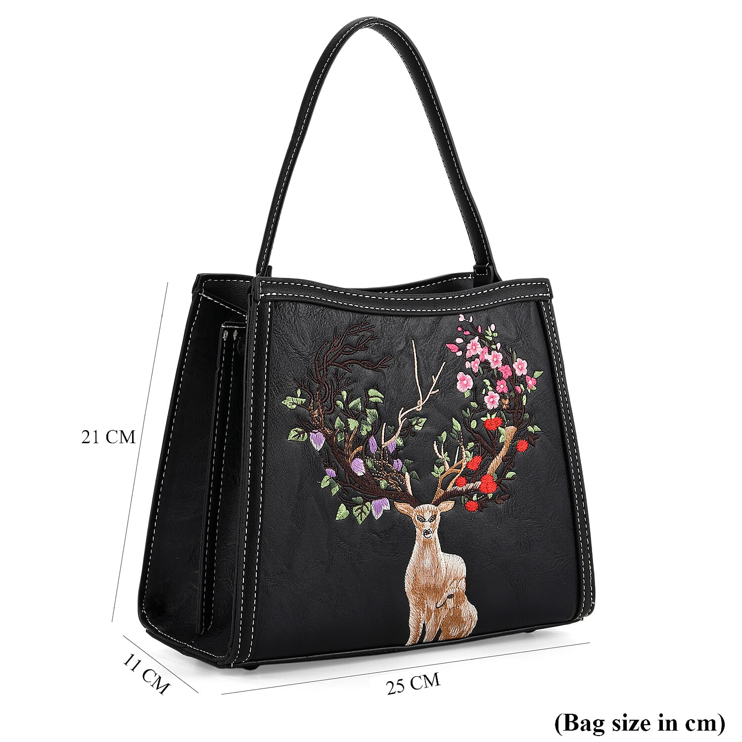 Floral Deer Embroidered Sling Handbag - Black
