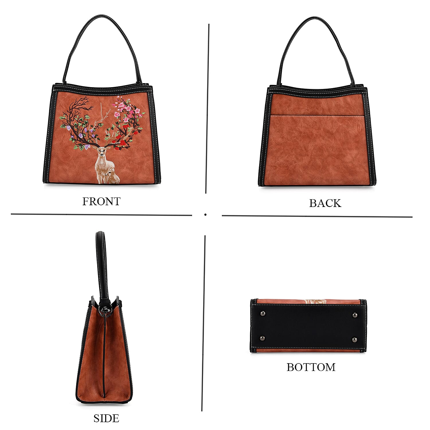 Floral Deer Embroidered Sling Handbag - Terracotta