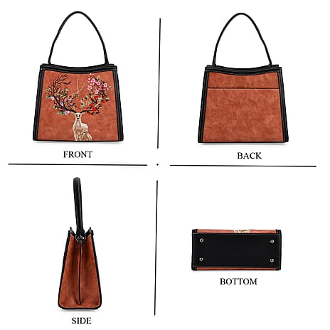 Floral Deer Embroidered Sling Handbag - Terracotta