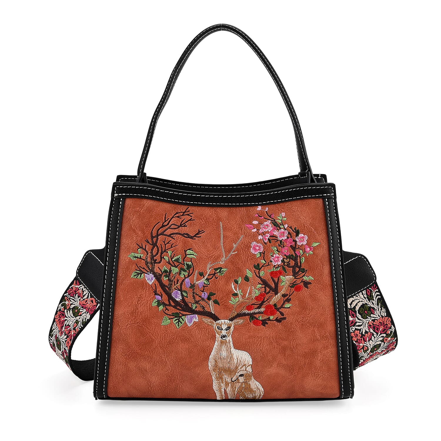 Floral Deer Embroidered Sling Handbag - Terracotta