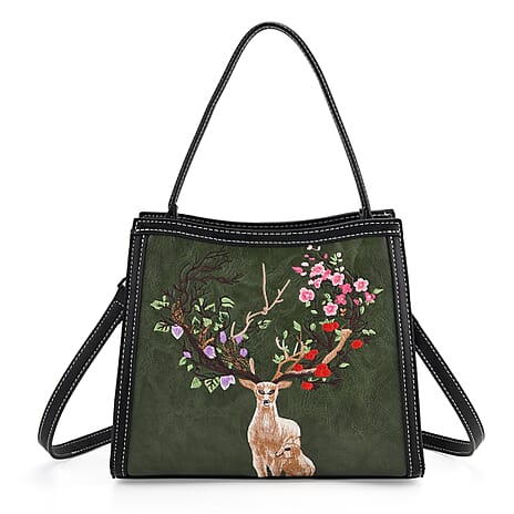 Floral Deer Embroidered Sling Handbag - Green