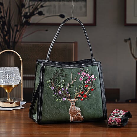 Floral Deer Embroidered Sling Handbag - Green