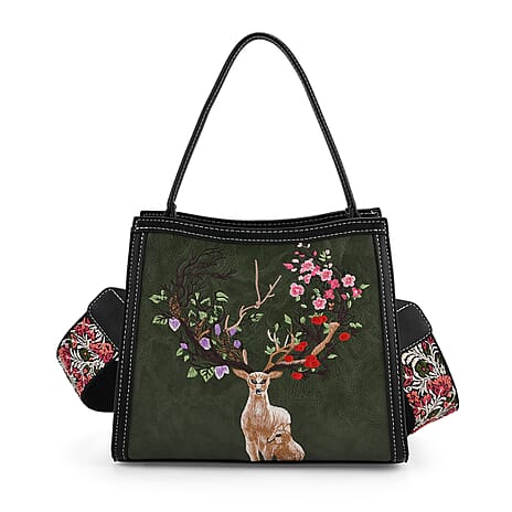 Floral Deer Embroidered Sling Handbag - Green