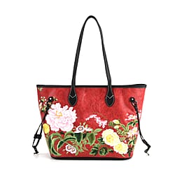 New Launch-Floral Embroidered Tote Bag - Red