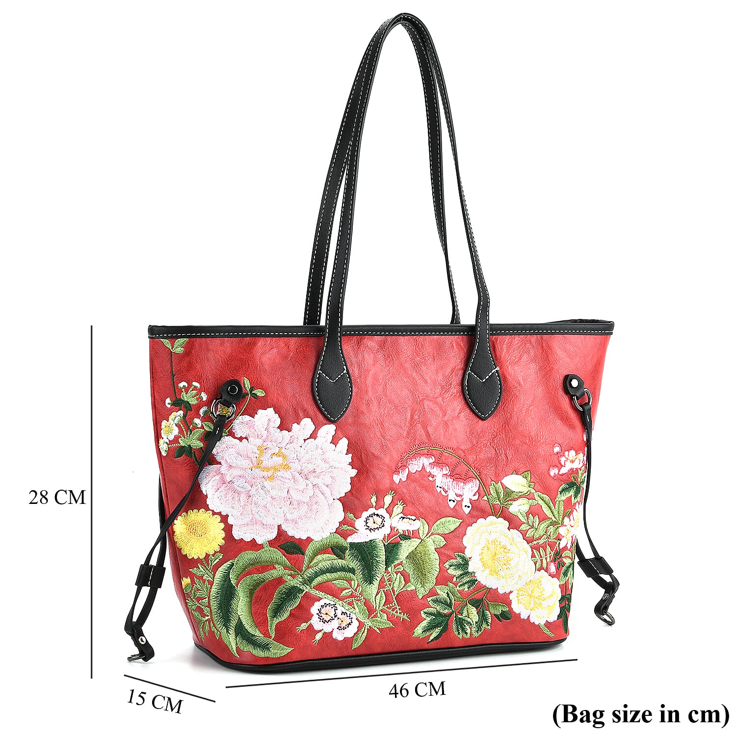 New Launch-Floral Embroidered Tote Bag - Red