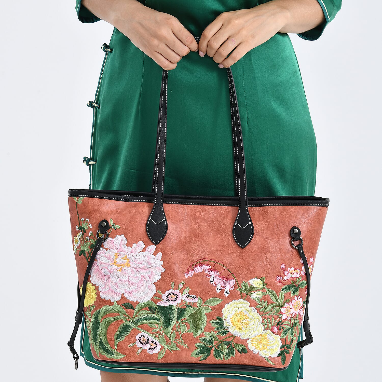 Floral Embroidered Tote Bag - Terracotta