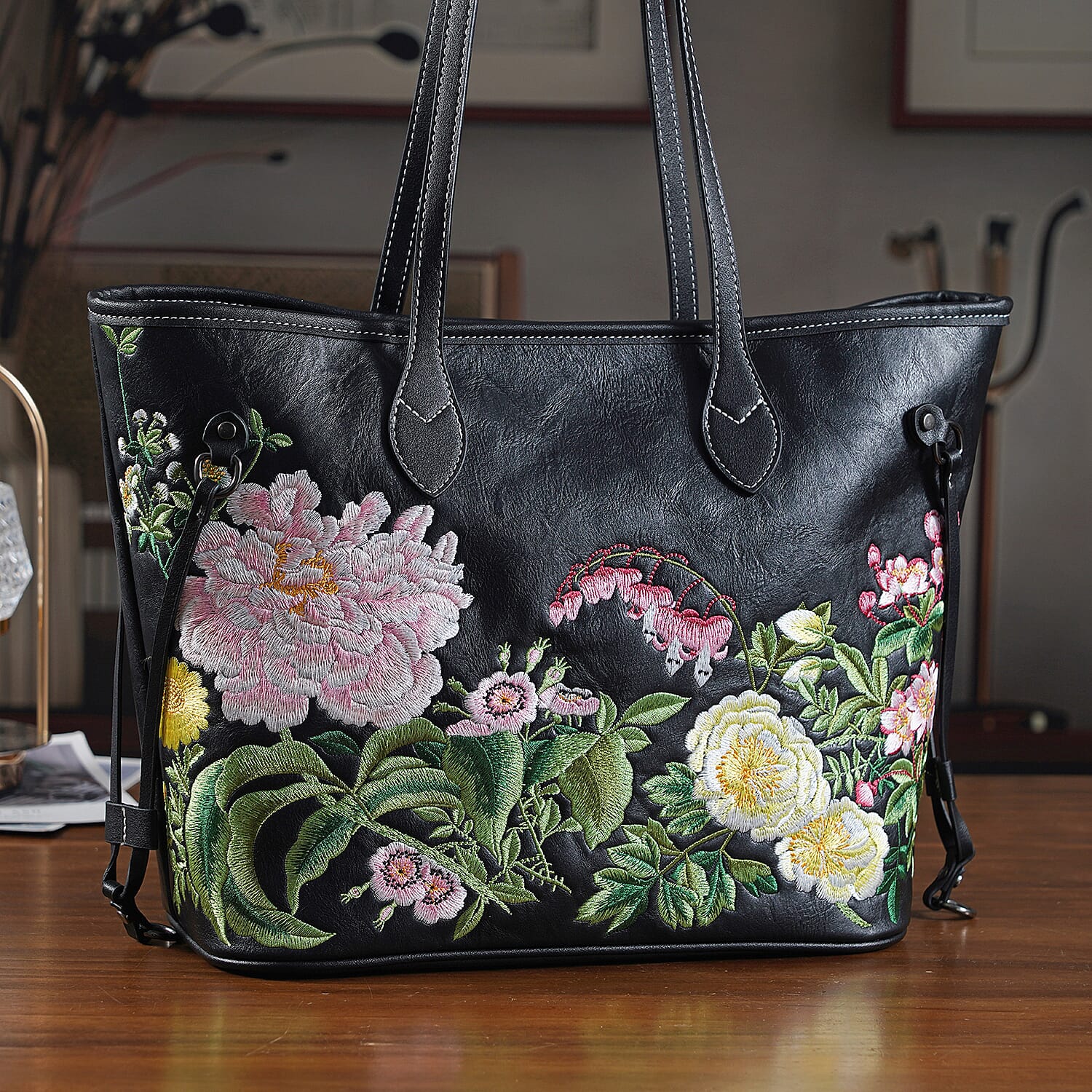 Floral Embroidered Tote Bag - Black