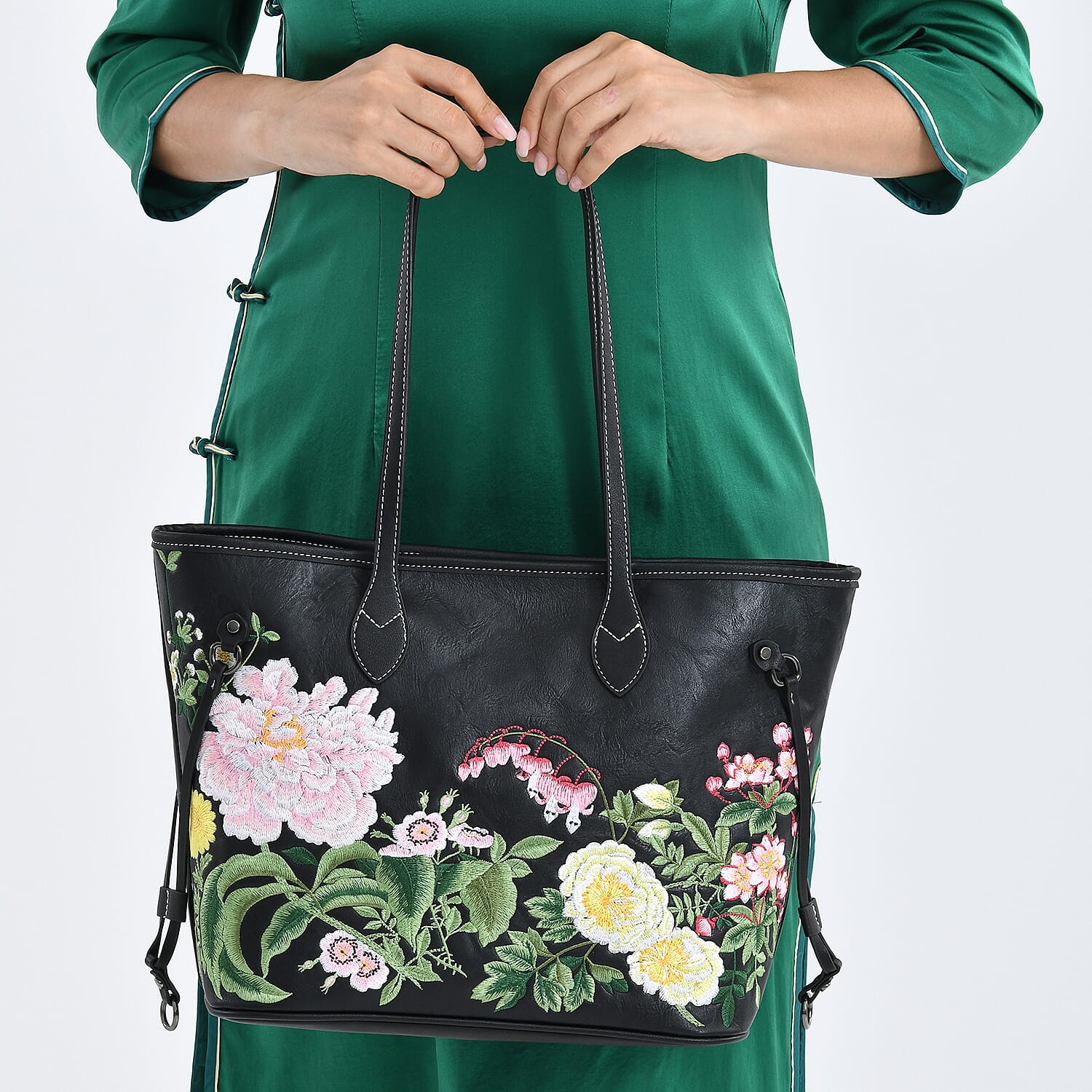 Floral Embroidered Tote Bag - Black