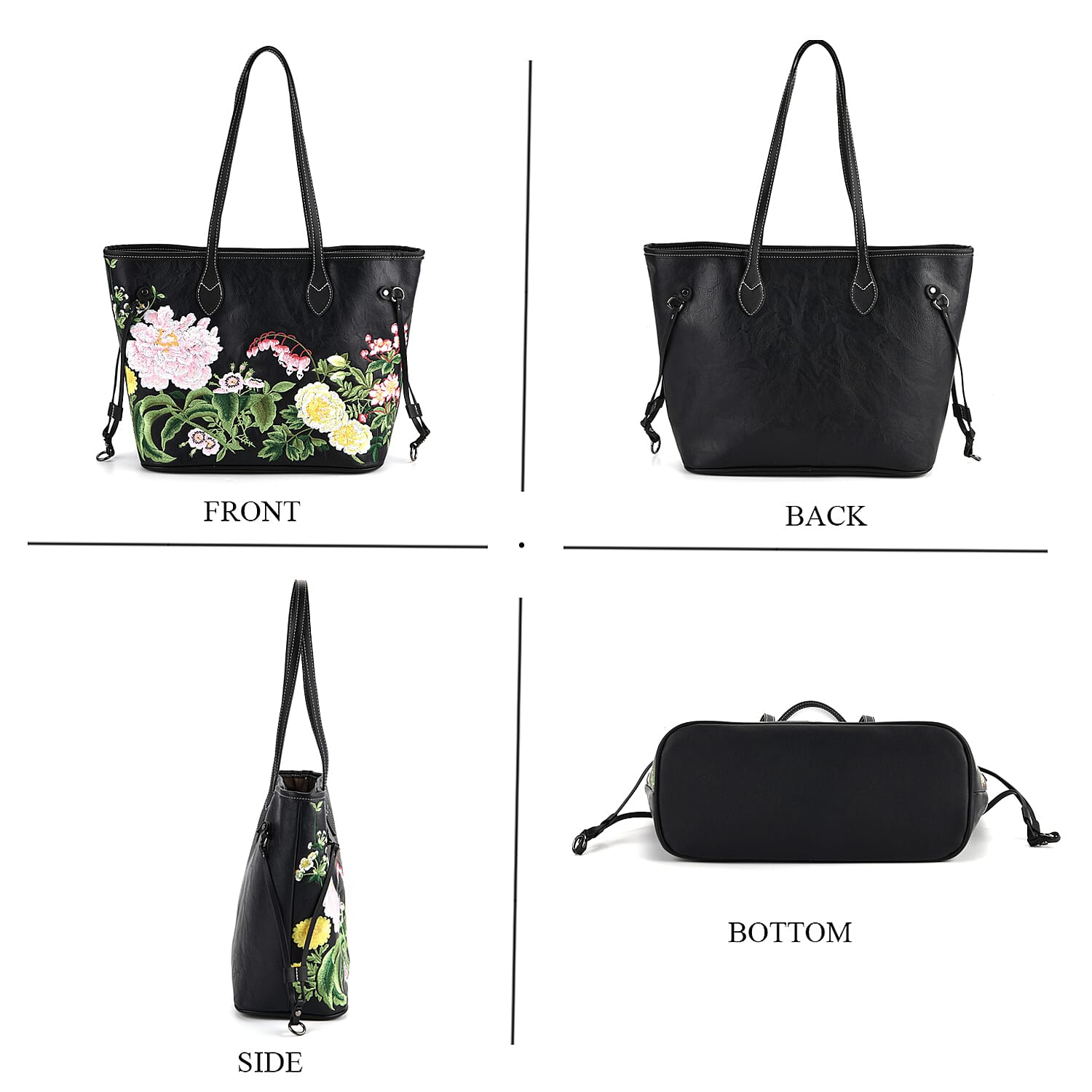 Floral Embroidered Tote Bag - Black