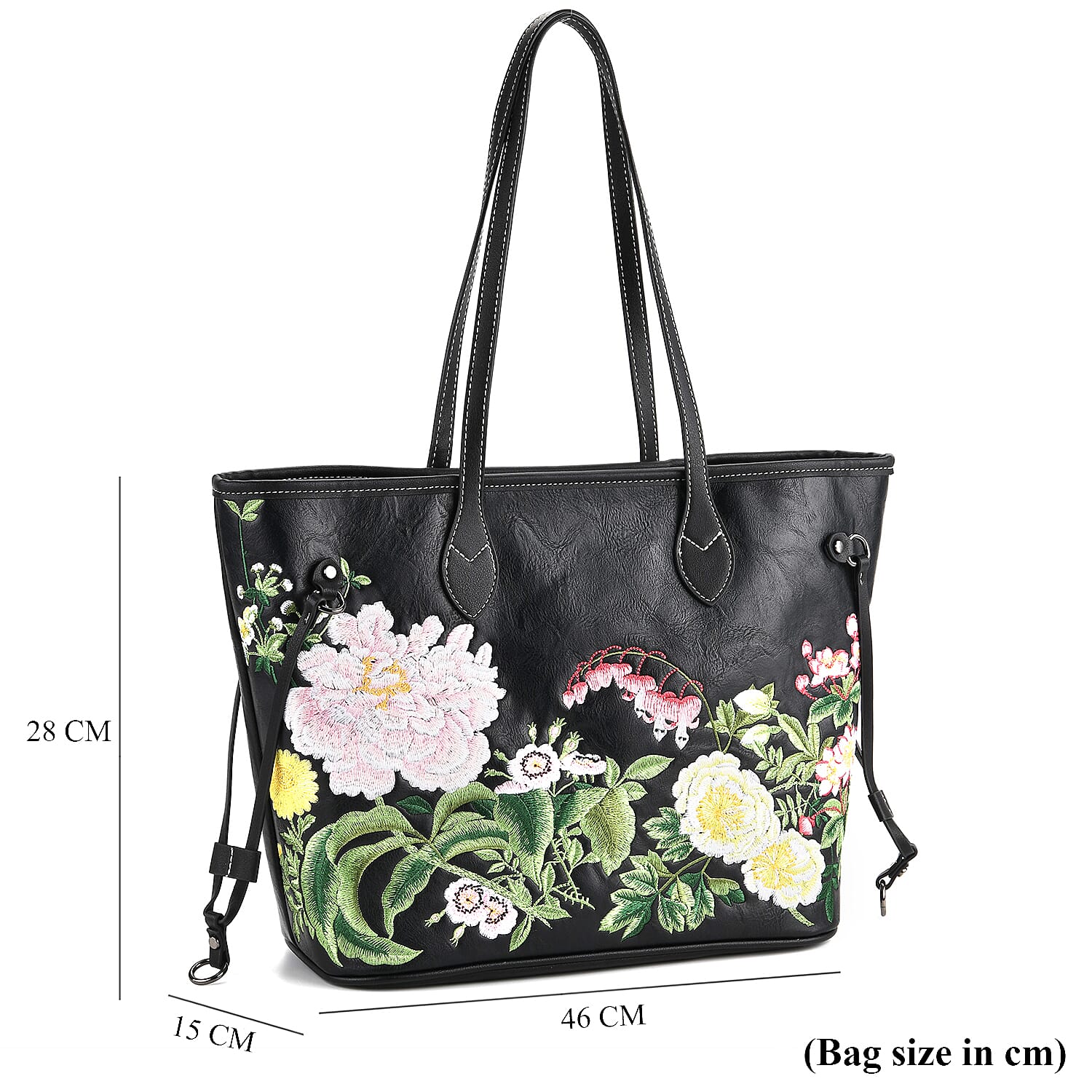 Floral Embroidered Tote Bag - Black