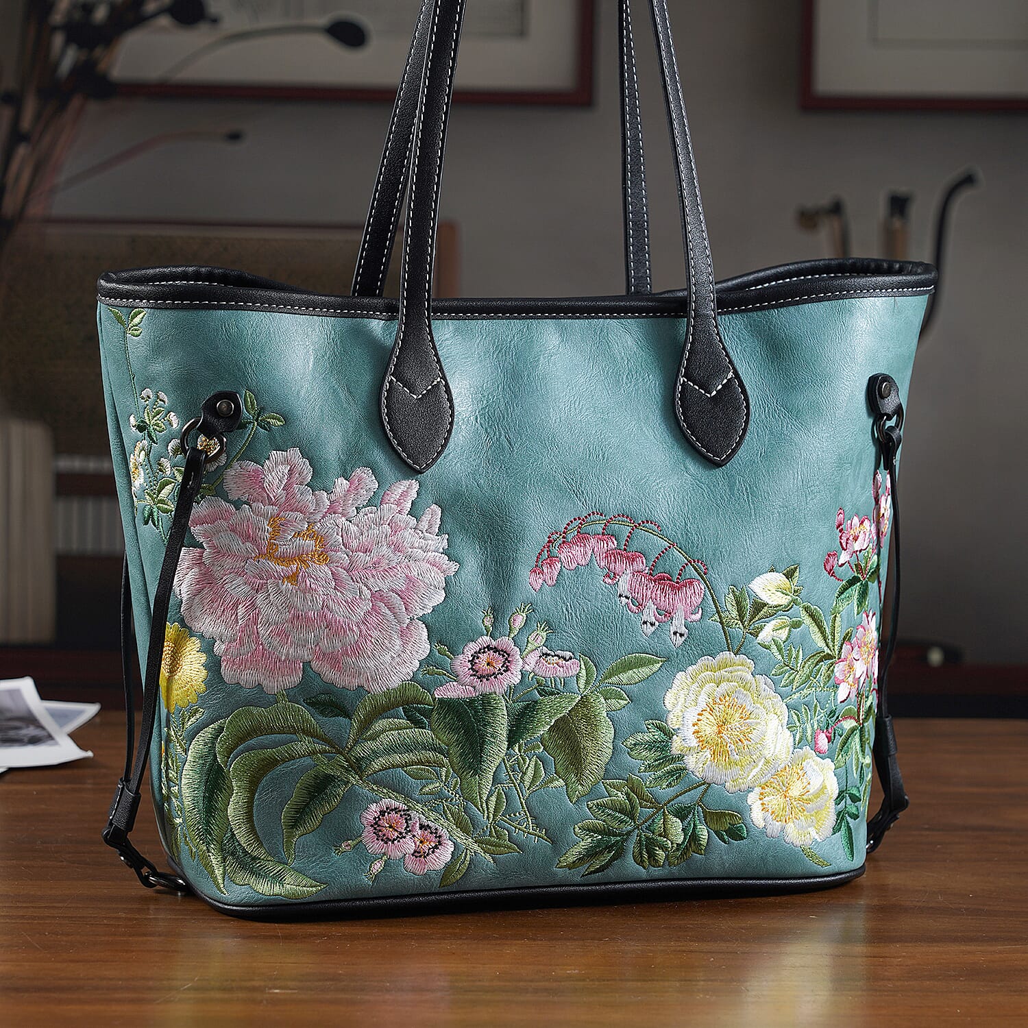 Floral Embroidered Tote Bag - Blue