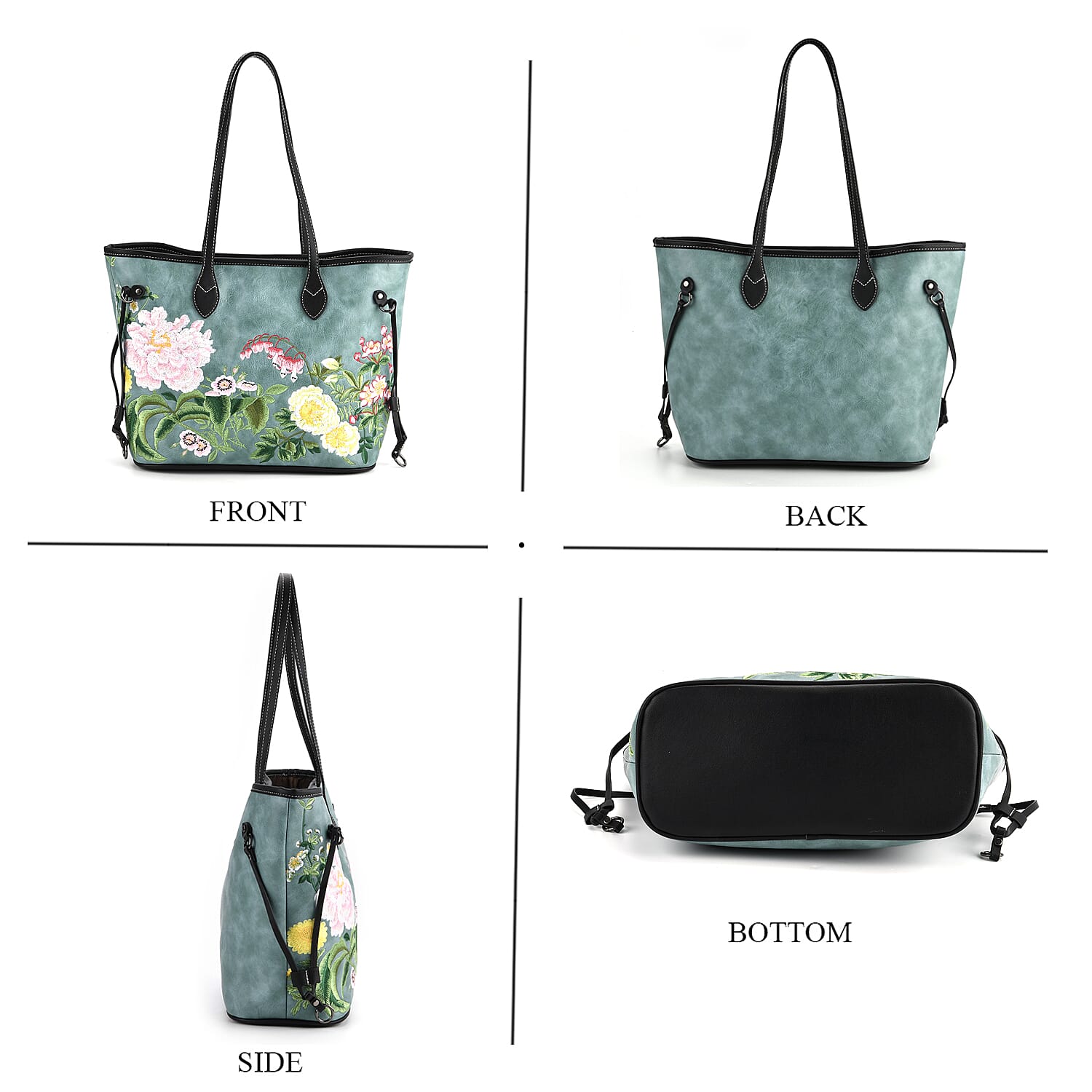 Floral Embroidered Tote Bag - Blue