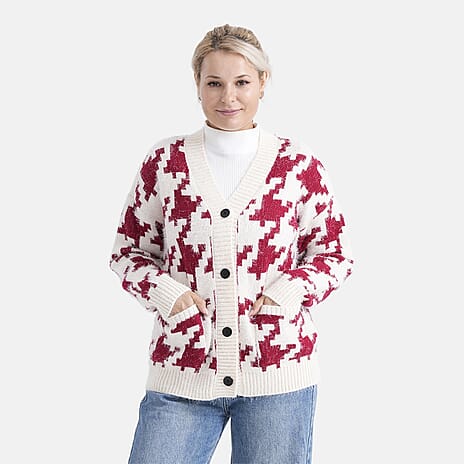 - MAISI Leopard Print Knit Cardigan (One Size UK 8-18) - Off-White - Red