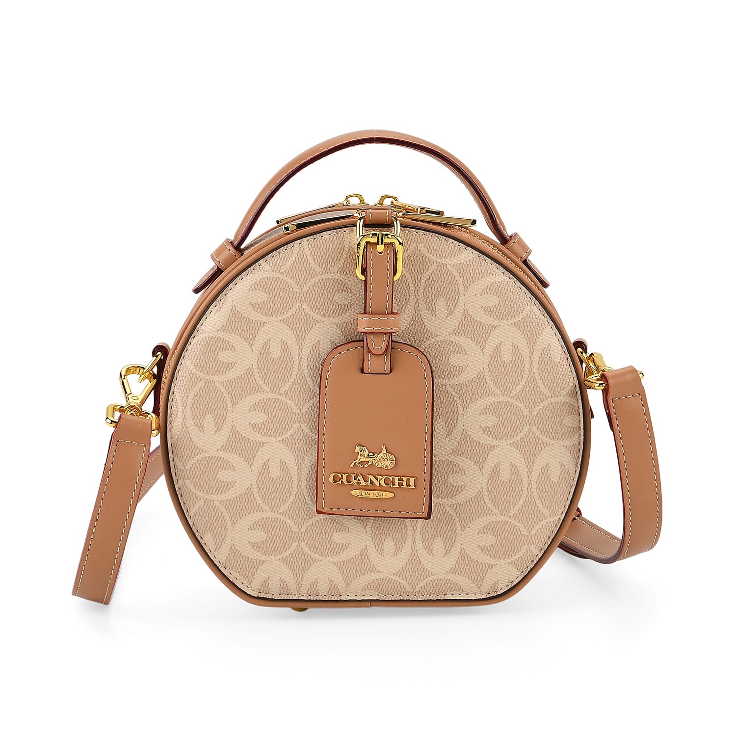 Guanchi Round Crossbody Bag with Top Handle - Ivory & Brown