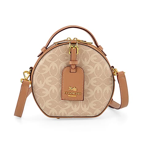 Guanchi Round Crossbody Bag with Top Handle - Ivory & Brown