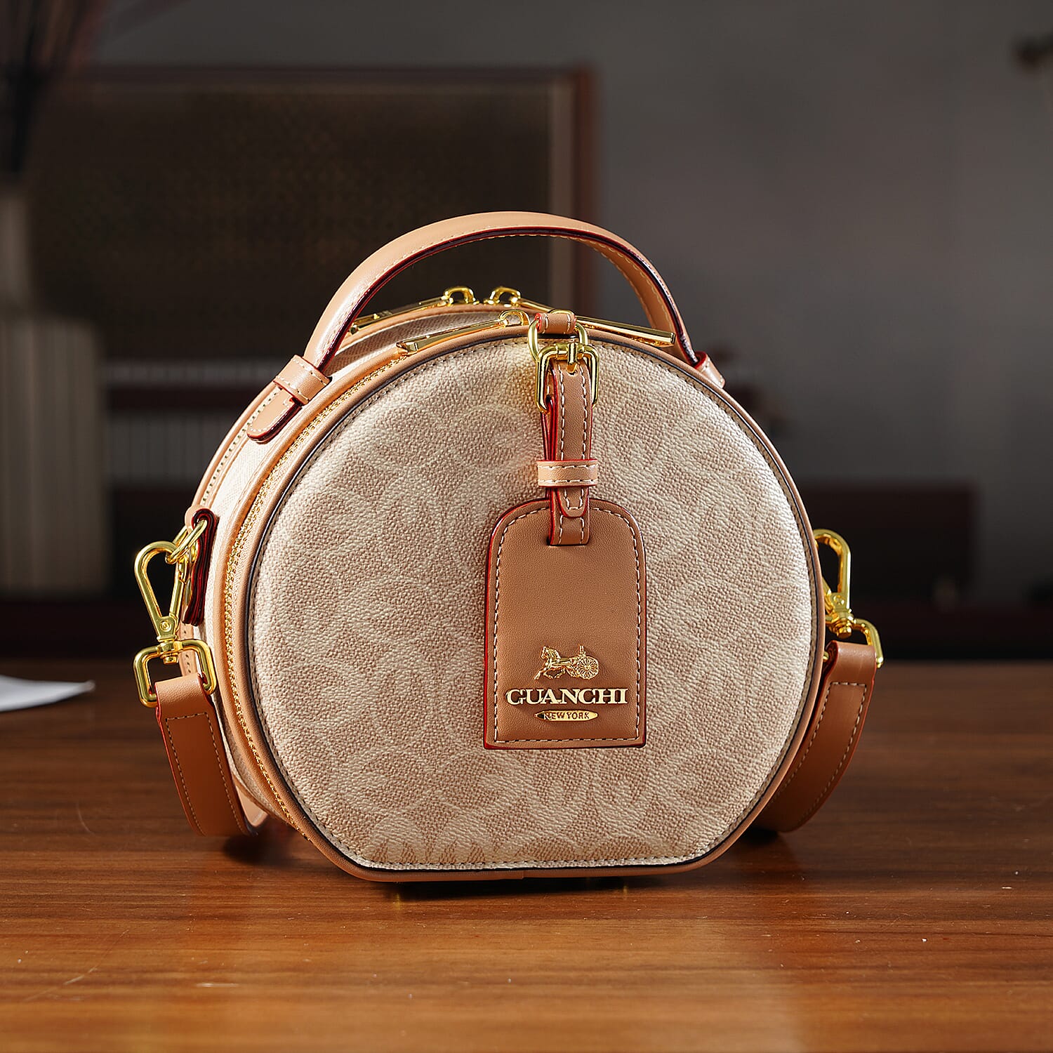 Guanchi Round Crossbody Bag with Top Handle - Ivory & Brown