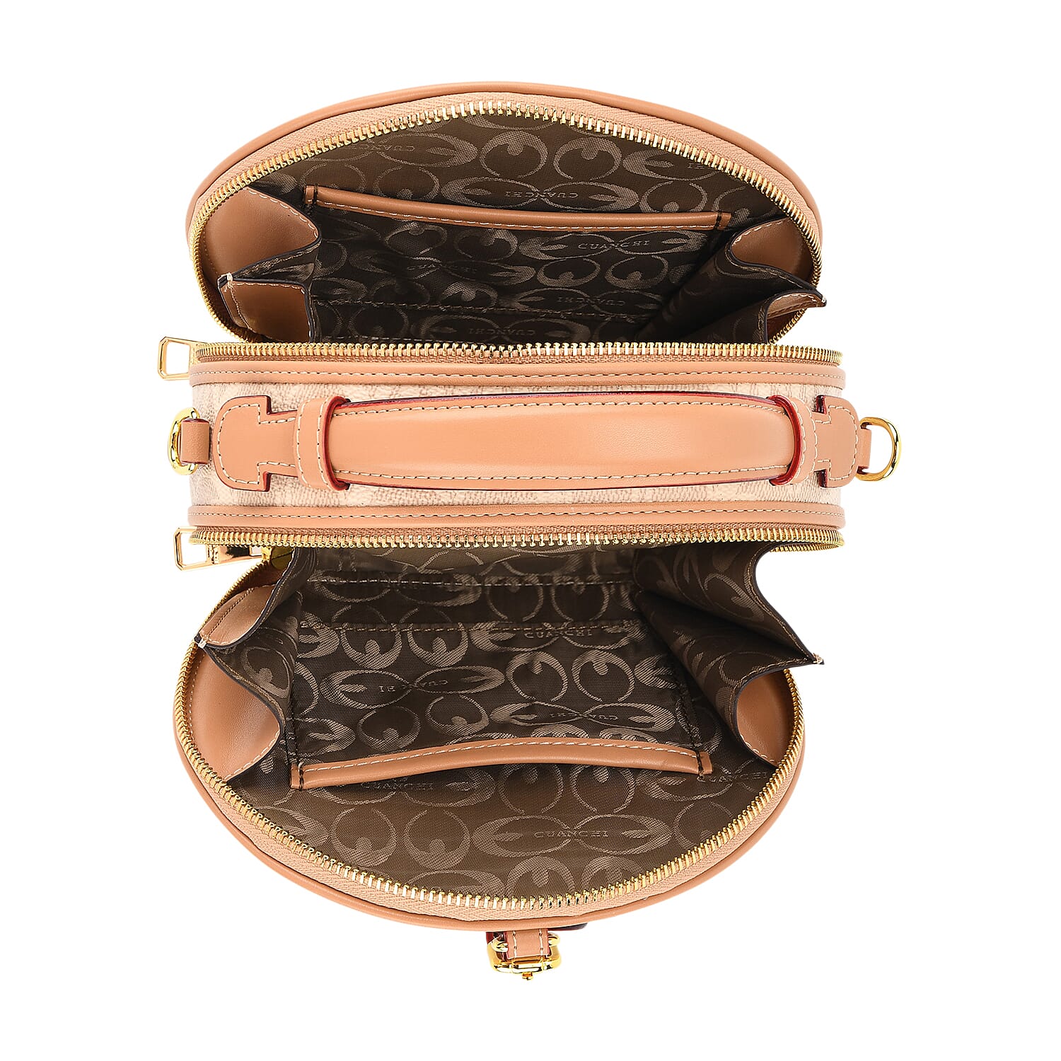 Guanchi Round Crossbody Bag with Top Handle - Ivory & Brown