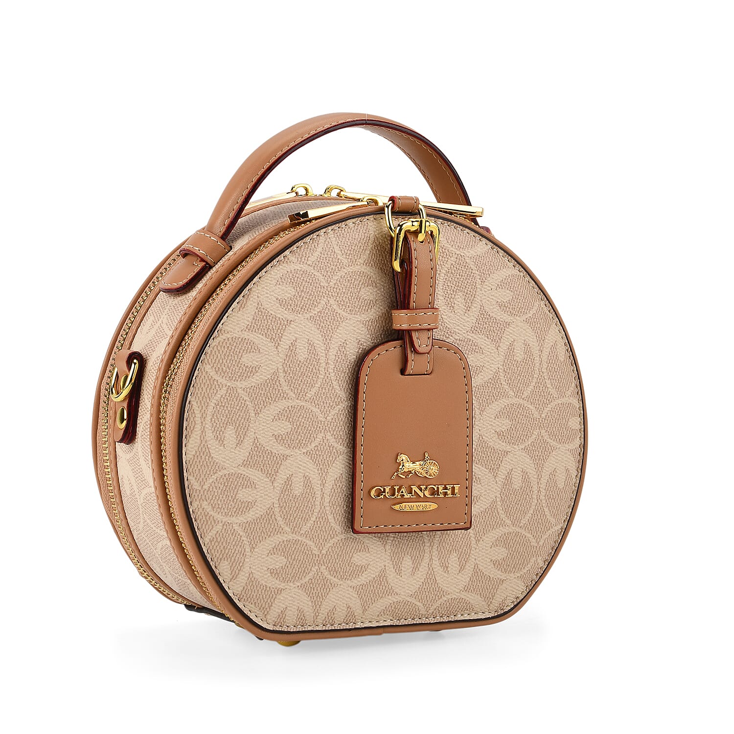 Guanchi Round Crossbody Bag with Top Handle - Ivory & Brown