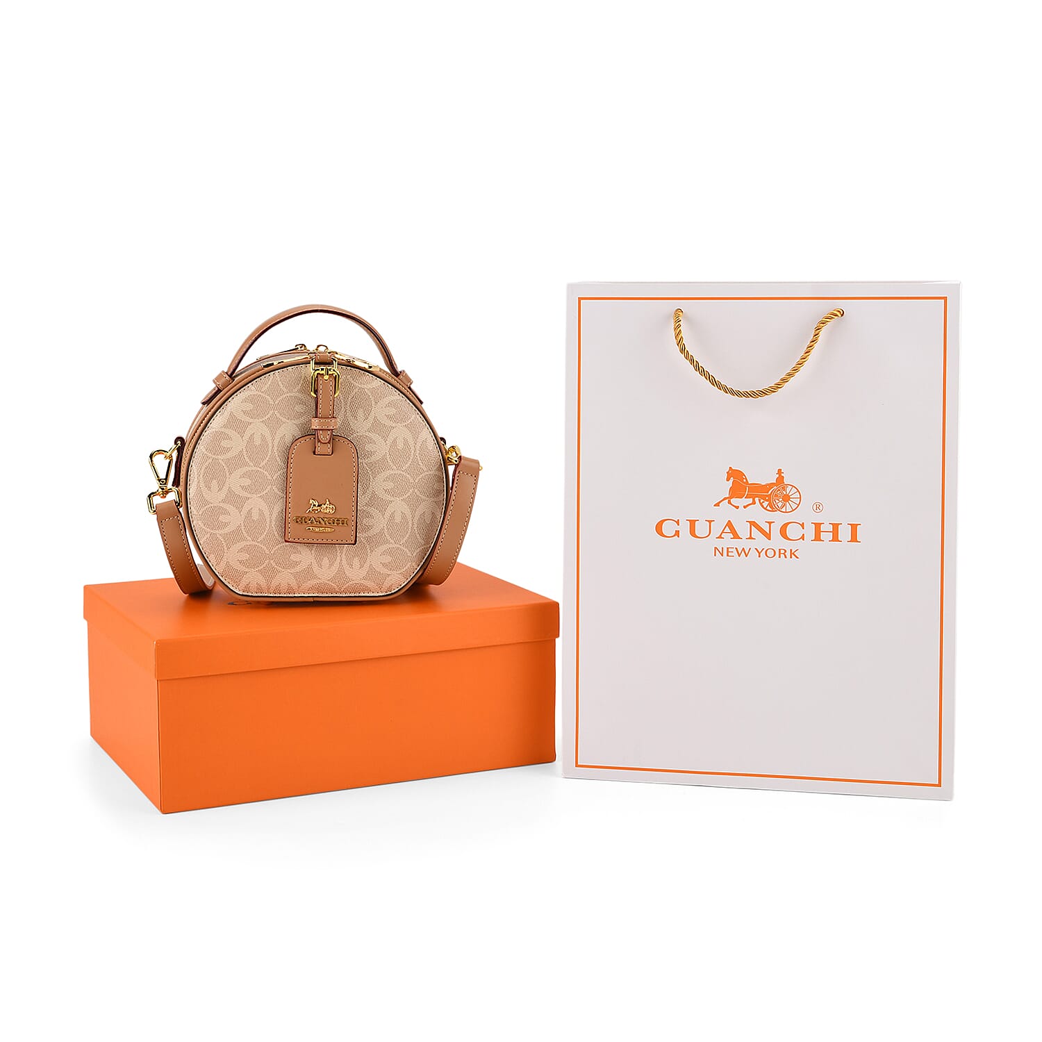 Guanchi Round Crossbody Bag with Top Handle - Ivory & Brown